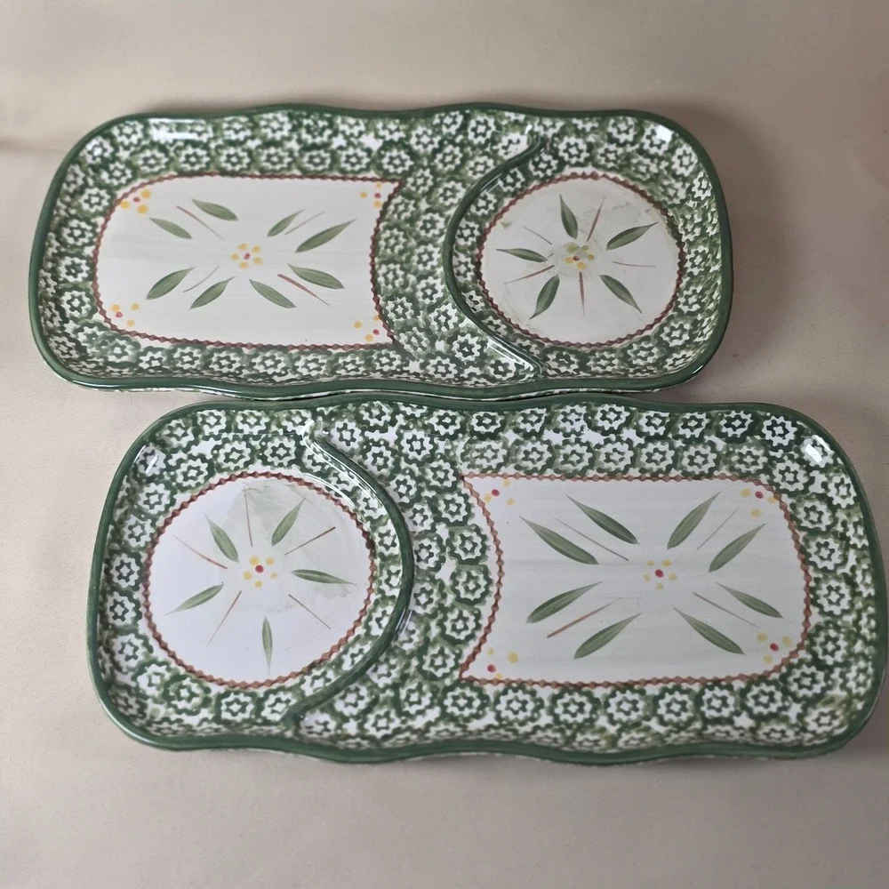 Temp-tations By Tara Old World Green Snack Plates Set 2 Chip Dip Serving Tr